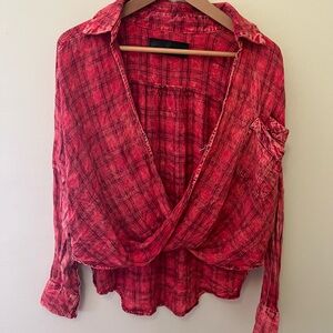 Red and Black Long Sleeve Wrap Button Down Shirt